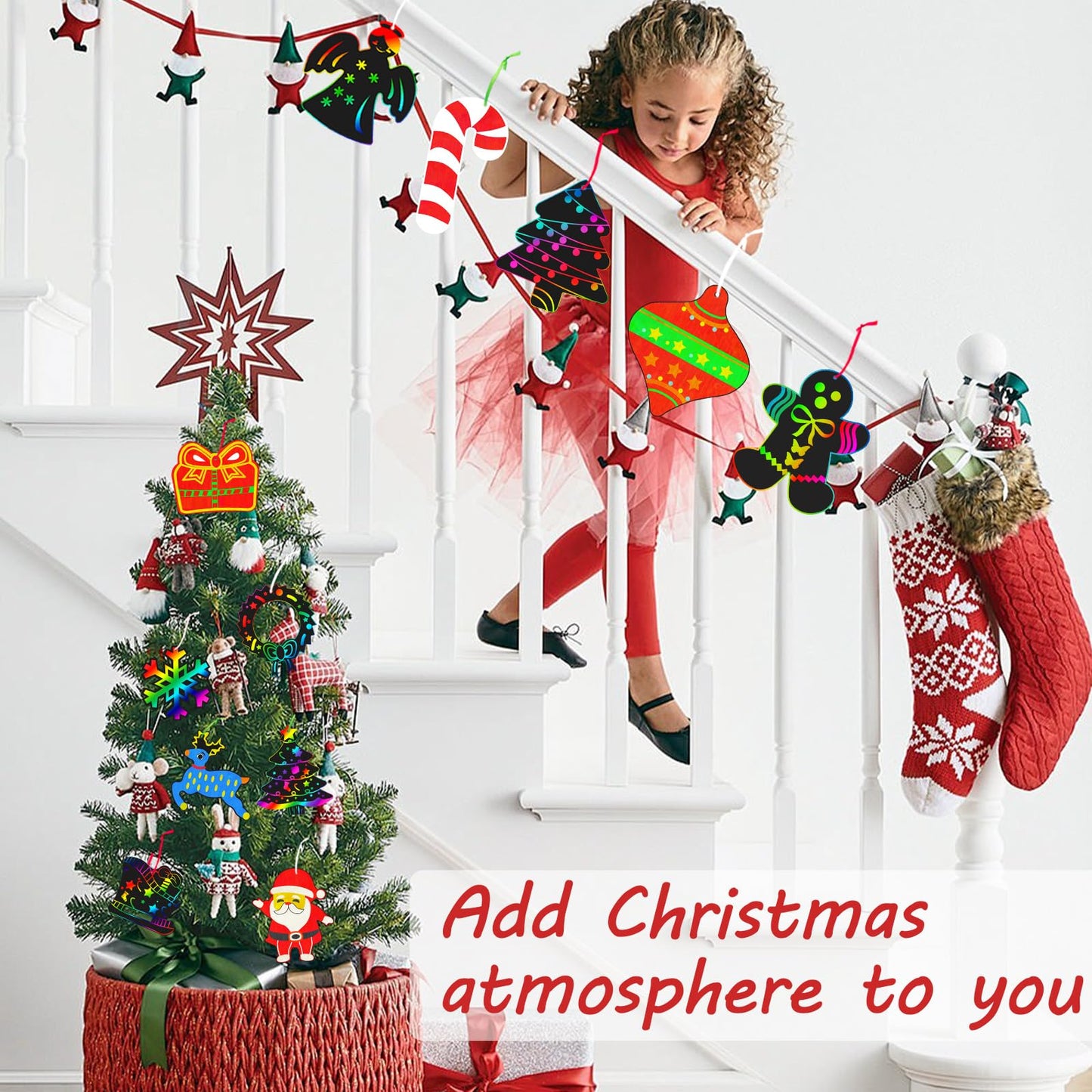 Natonhi 96pcs Christmas Crafts for Kids – Rainbow Scratch Paper Ornaments Kit