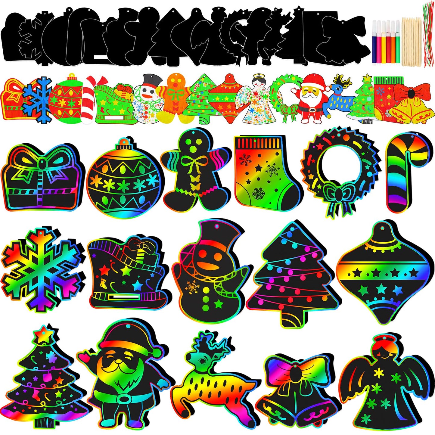 Natonhi 96pcs Christmas Crafts for Kids – Rainbow Scratch Paper Ornaments Kit