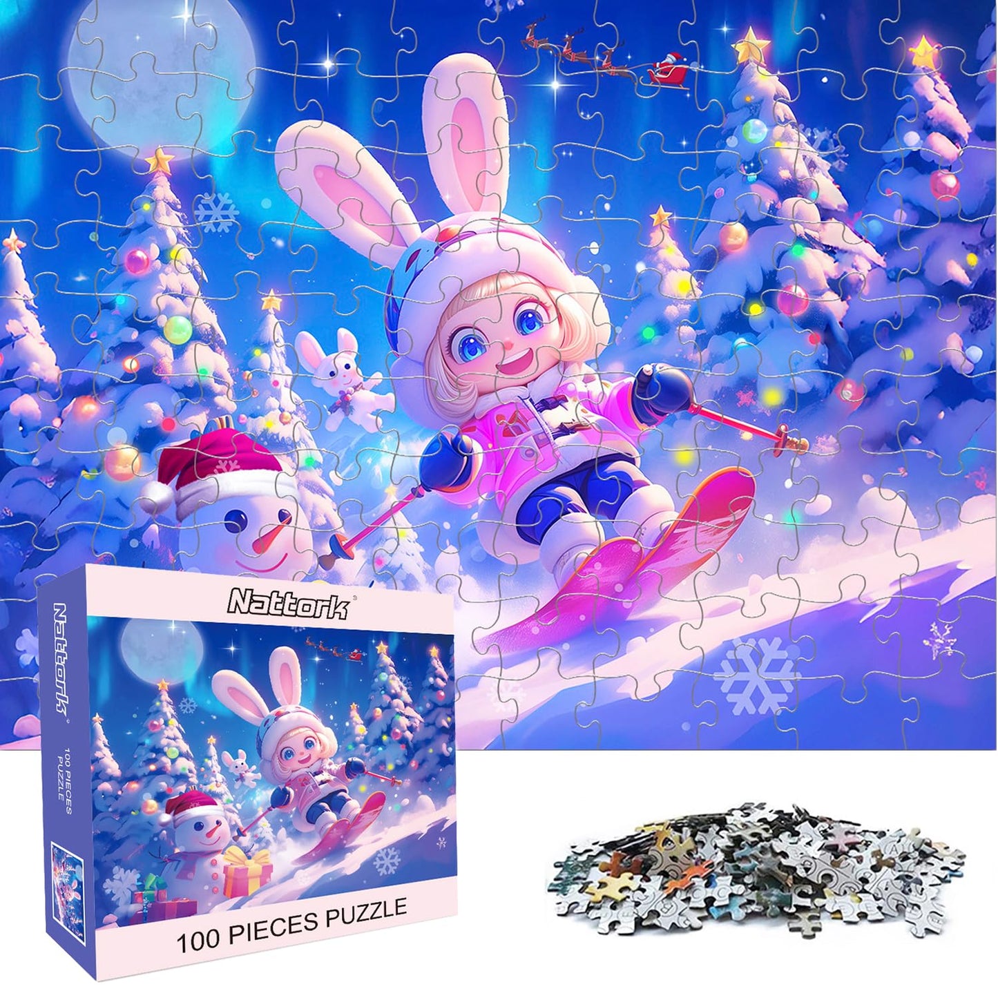 Nattork Jigsaw Puzzles 100 Pieces – Skiing Bunny Theme for Kids & Family | Pieces Fit Together Perfectly