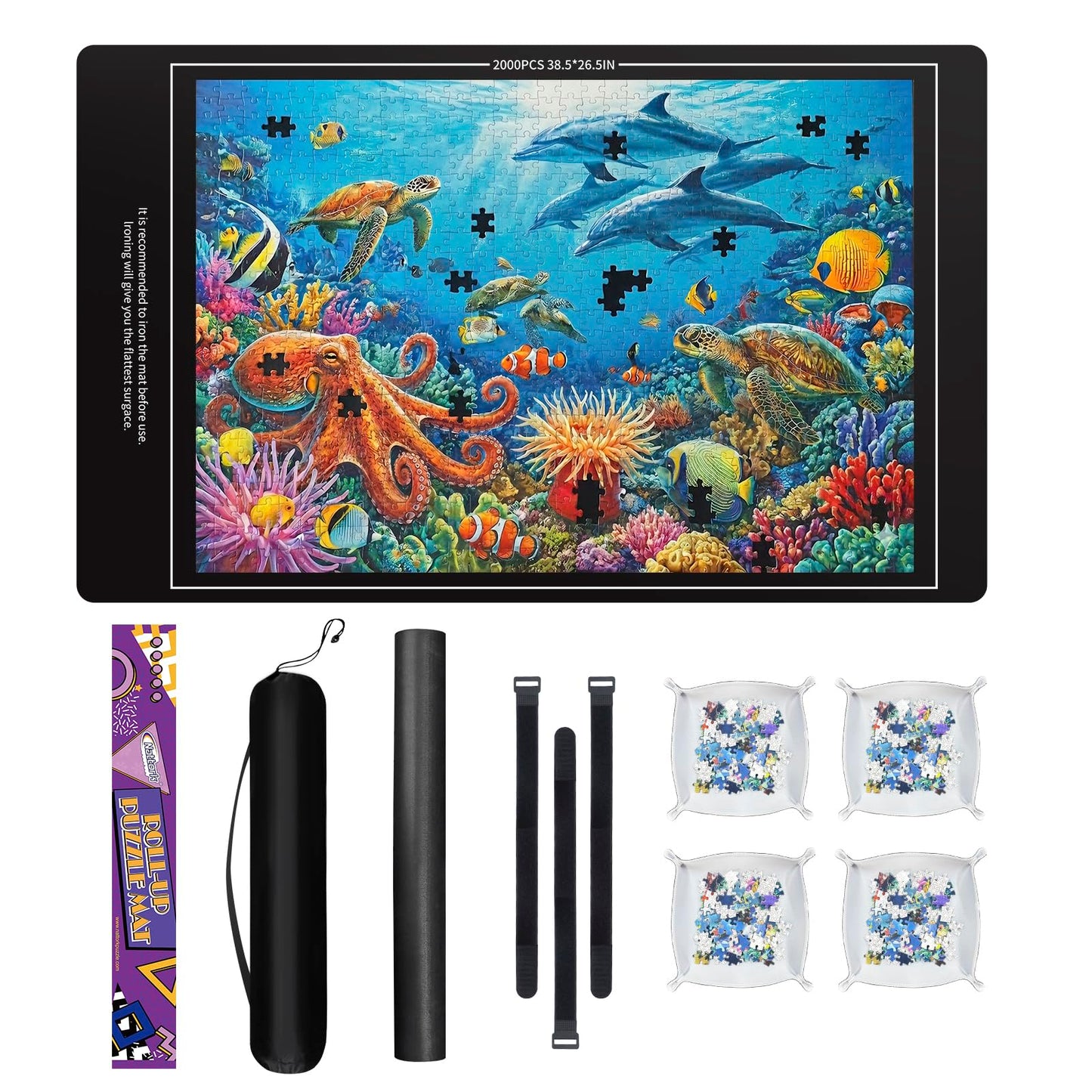 Nattork Jigsaw Puzzle Mat Roll Up – Portable 2000-Piece Puzzle Saver with Non-Slip Rubber Base & 4 Sorting Trays