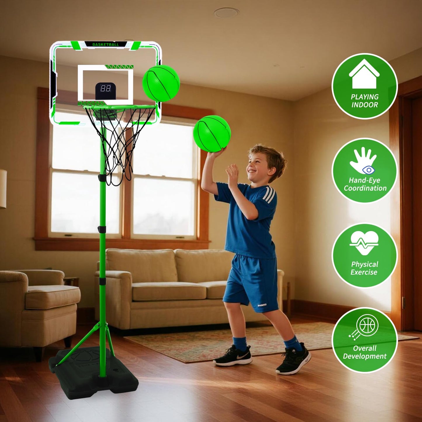 Nattork Kids Basketball Hoop — Adjustable Height Indoor/Outdoor Stand for Ages 3-8