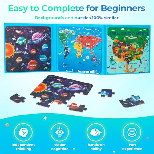 Nattork Map Magnetic Puzzle Book for Toddlers 3-6 – Travel Puzzles with World, US, and Solar System Maps