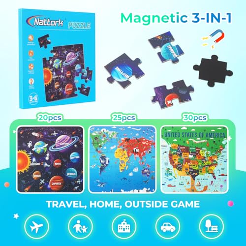 Nattork Map Magnetic Puzzle Book for Toddlers 3-6 – Travel Puzzles with World, US, and Solar System Maps