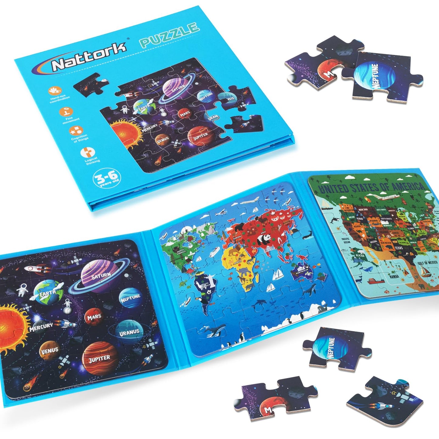 Nattork Map Magnetic Puzzle Book for Toddlers 3-6 – Travel Puzzles with World, US, and Solar System Maps