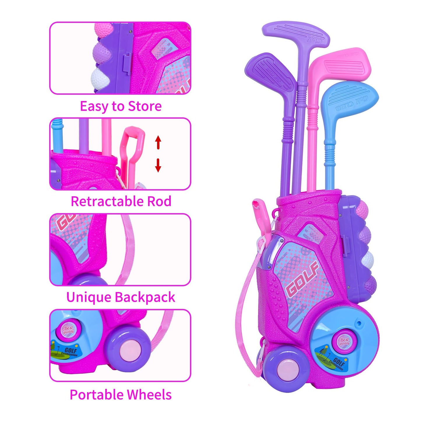 Nattork Toddler Golf Set with Putting Mat for Ages 2-3 – 4 Clubs & 12 Balls, Rose