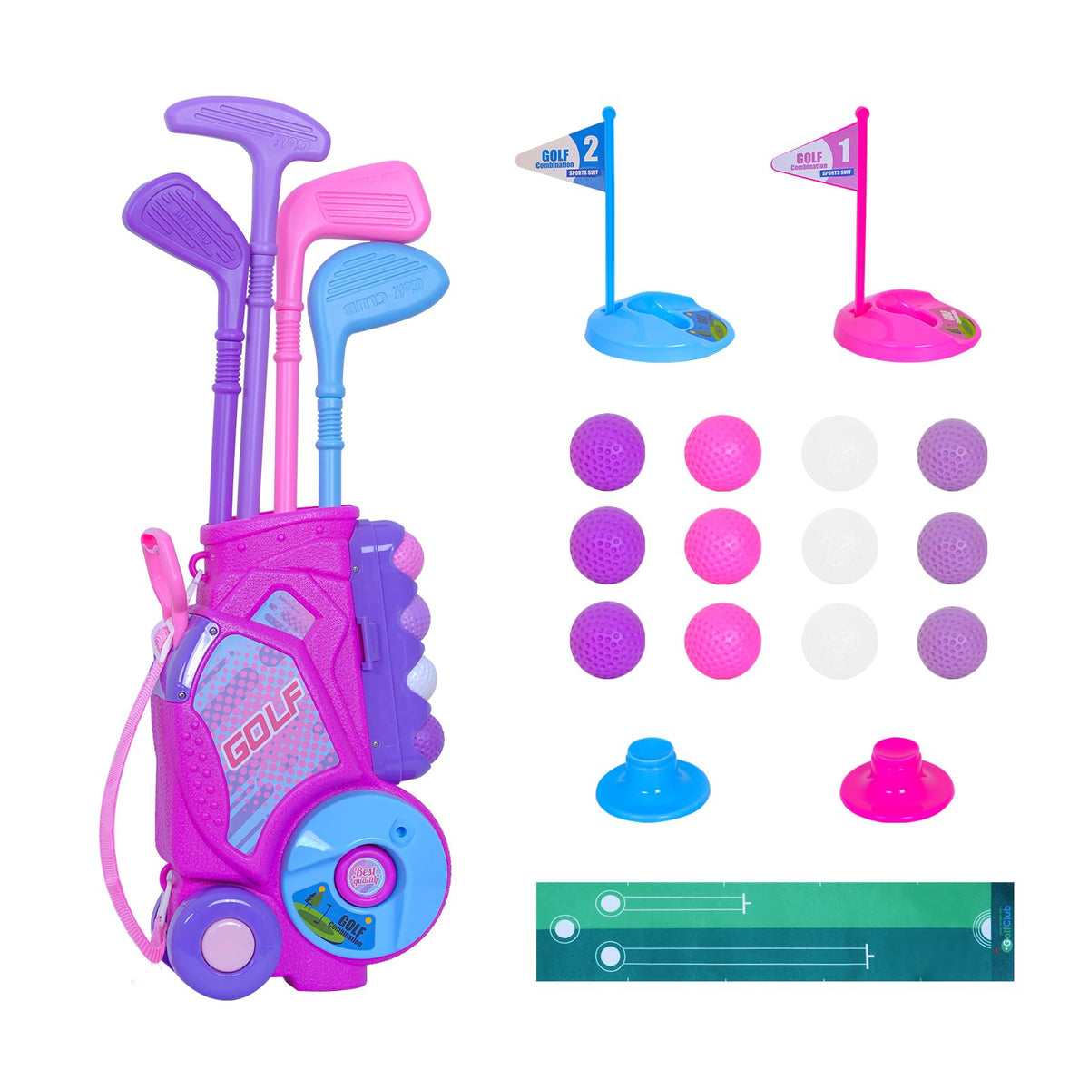 Nattork Toddler Golf Set with Putting Mat for Ages 2-3 – 4 Clubs & 12 Balls, Rose