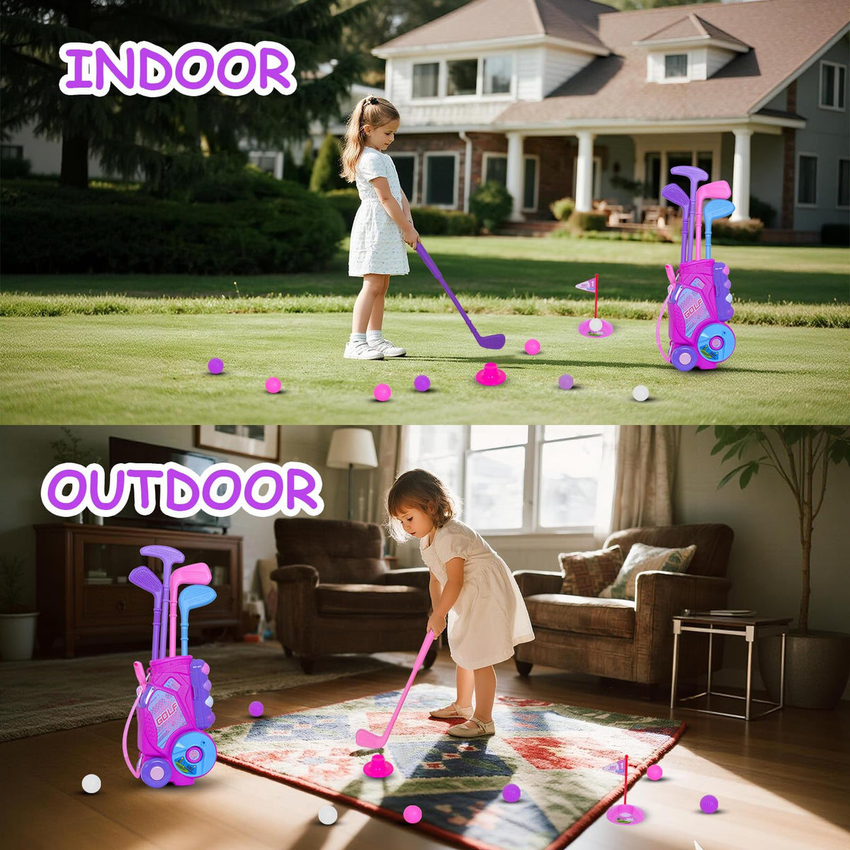 Nattork Toddler Golf Set with Putting Mat for Ages 2-3 – 4 Clubs & 12 Balls, Rose