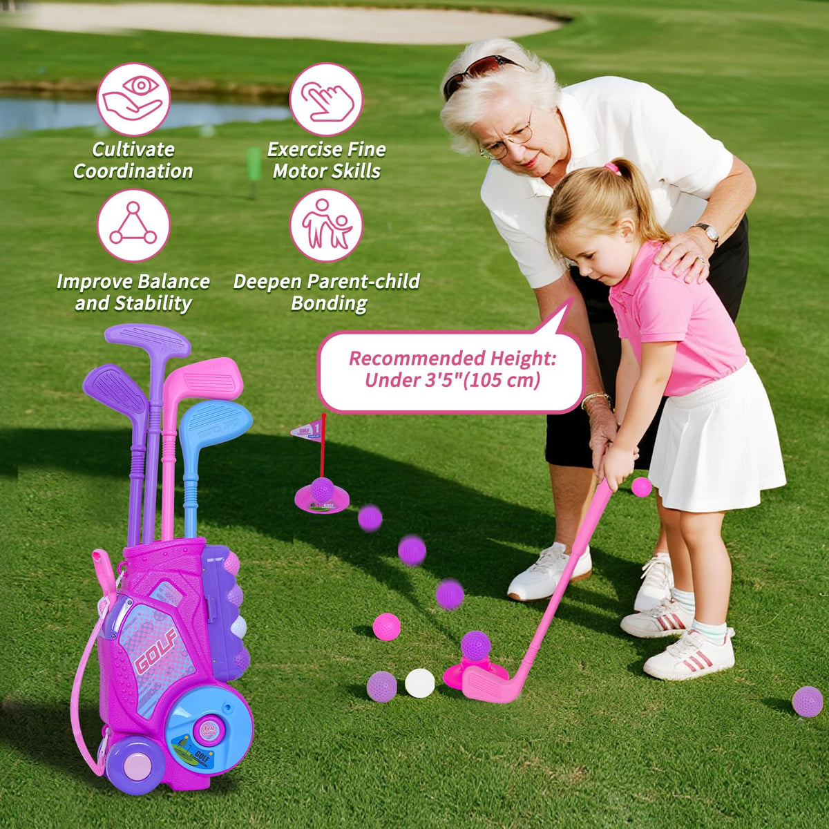 Nattork Toddler Golf Set with Putting Mat for Ages 2-3 – 4 Clubs & 12 Balls, Rose