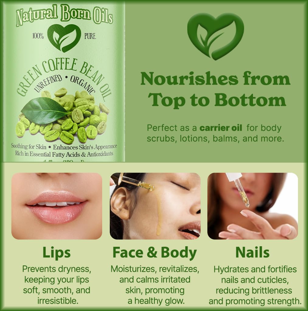 Natural Born Oils Green Coffee Bean Oil – Organic Cold-Pressed 4oz for Skin & Hair