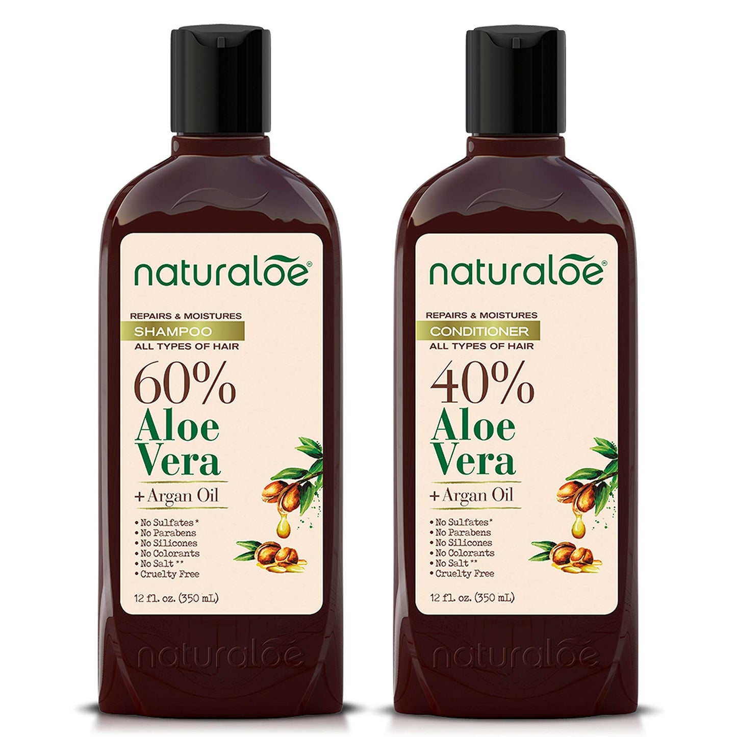 Naturaloe Repairs & Moistures Shampoo + Conditioner – 100% Vegan, Aloe Vera & Argan Oil, 24 fl oz