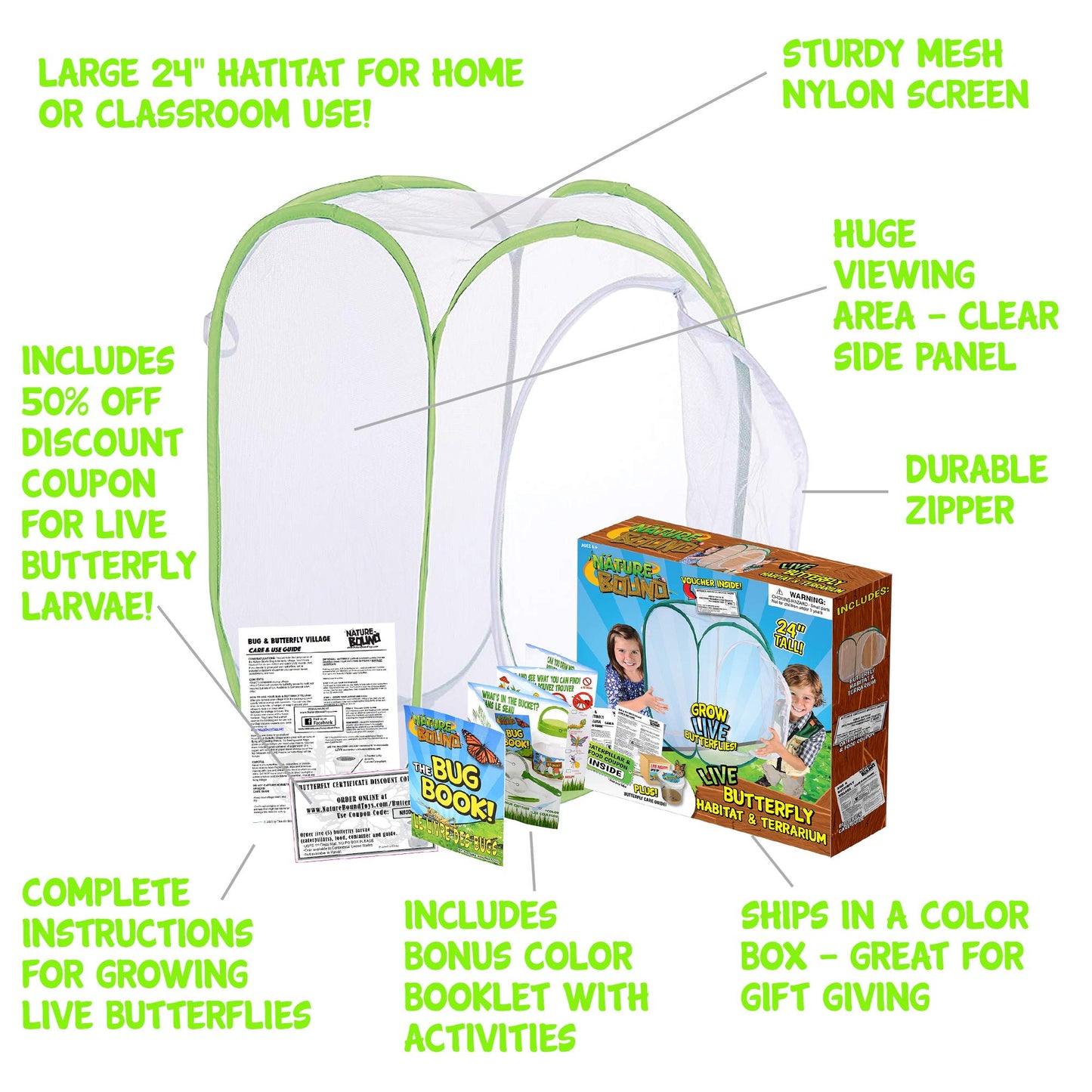 Nature Bound Butterfly Growing Kit — Live Caterpillar to Butterfly Project for Kids | Voucher, Pop-Up Habitat & STEM Guide