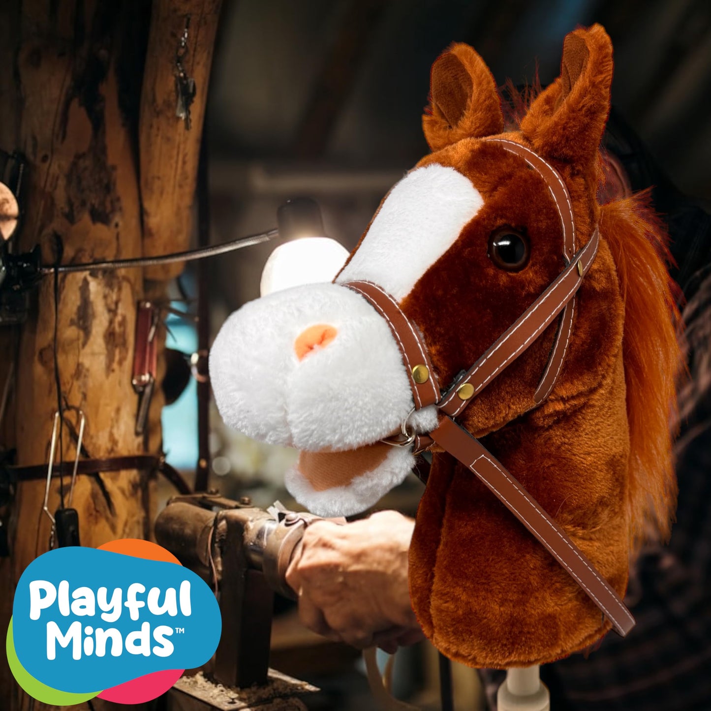 Nature Bound Horse Riding Stick | Handcrafted Plush Hobby Horse with Realistic Sounds | 34-Inch Wood Stick | Chestnut Red