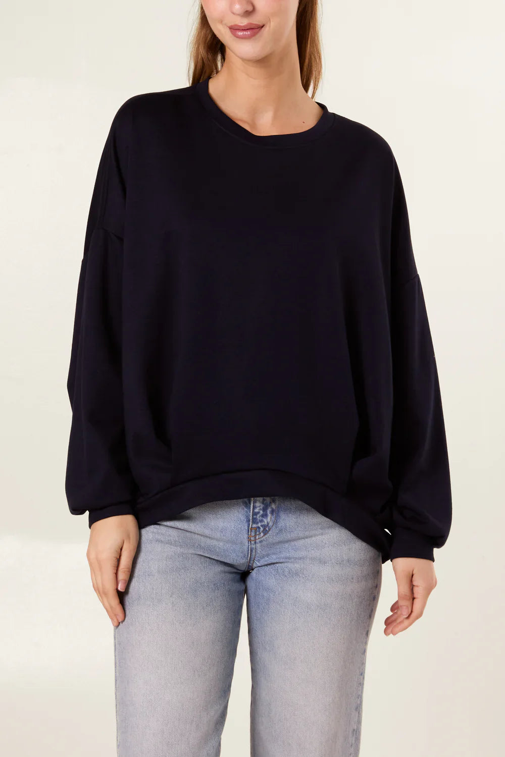 Navy Puffball Sleeve Soft Touch Sweat Top | One Size Fits 8–16