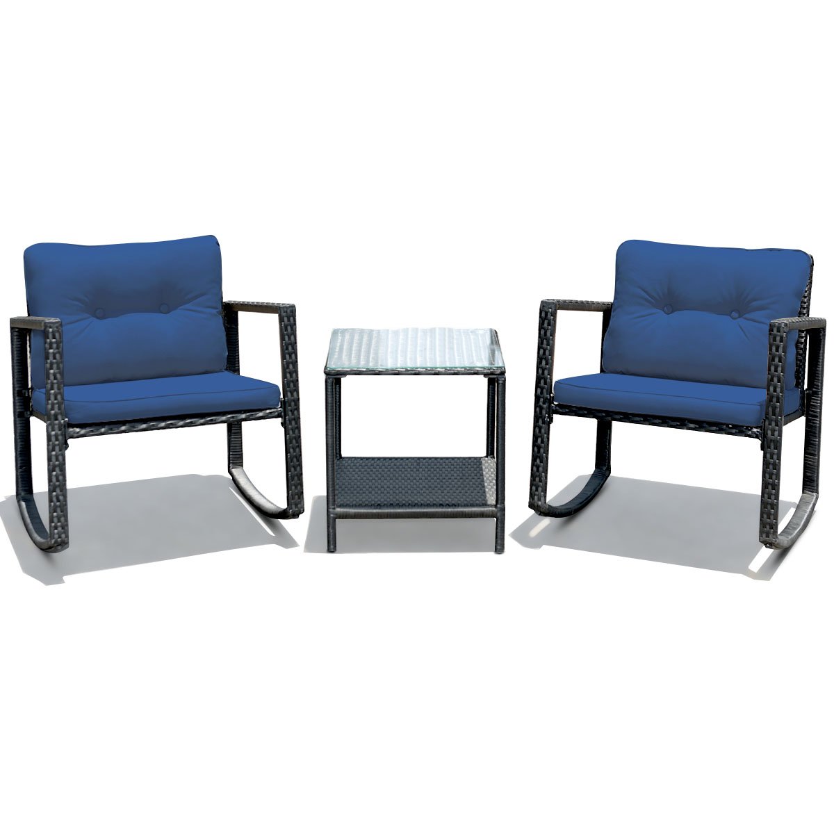 3 Pieces Outdoor Rocking Bistro Set PE Rattan with Cushions-Beige