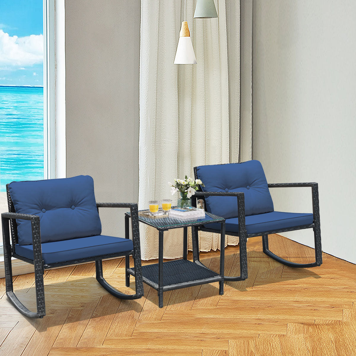 3 Pieces Outdoor Rocking Bistro Set PE Rattan with Cushions-Beige