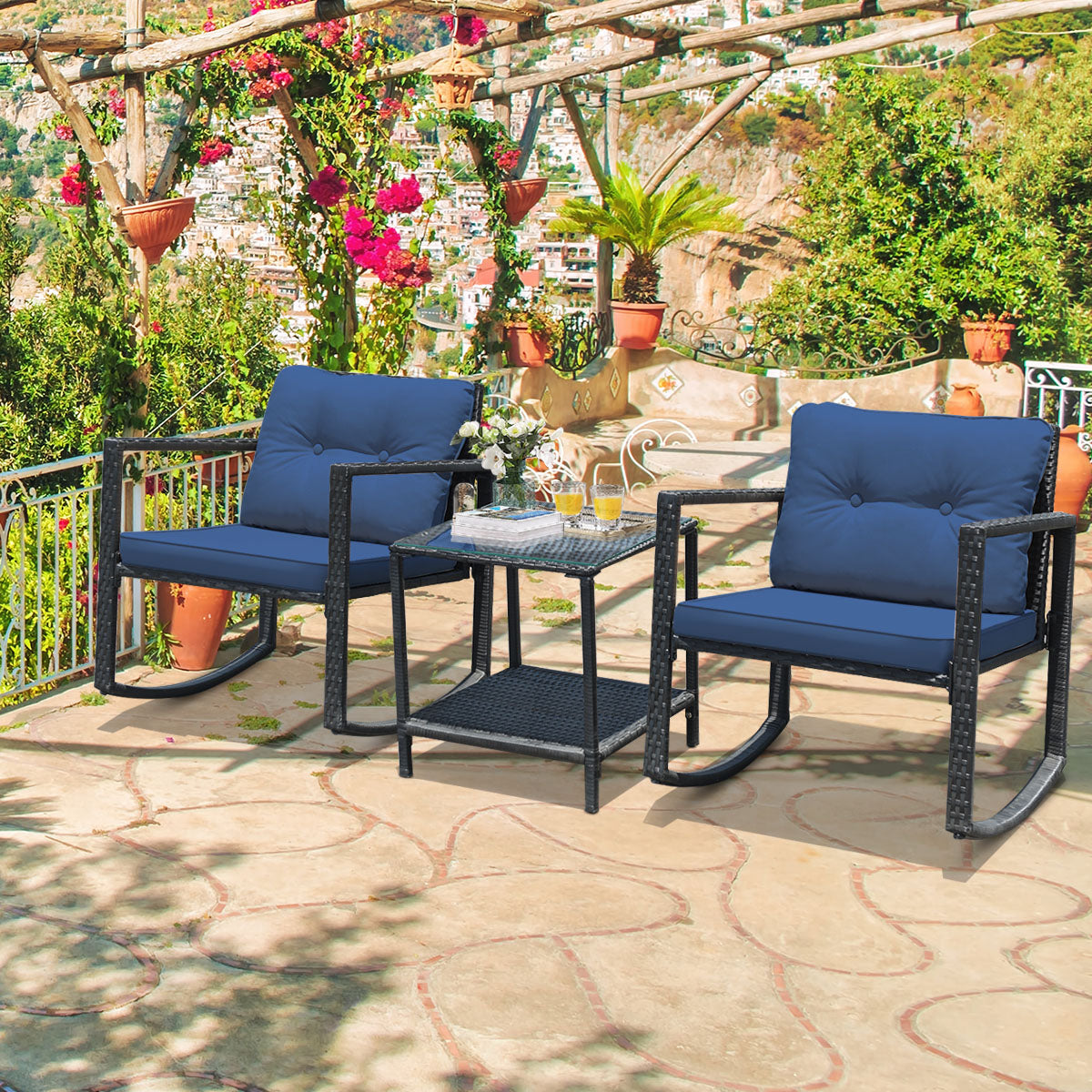 3 Pieces Outdoor Rocking Bistro Set PE Rattan with Cushions-Beige