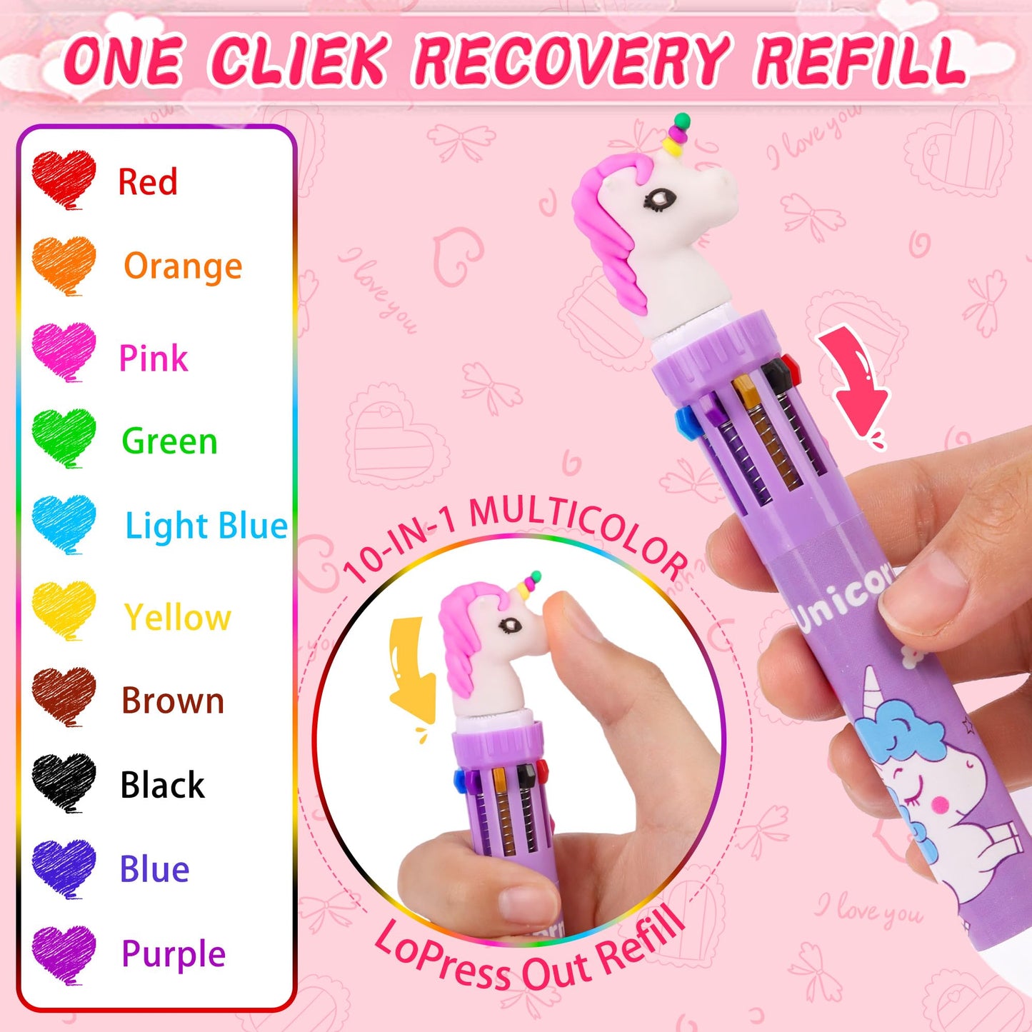 NAWITDA 24-Pack Valentines Day Gifts for Kids: 10-in-1 Multicolor Pens & Cards