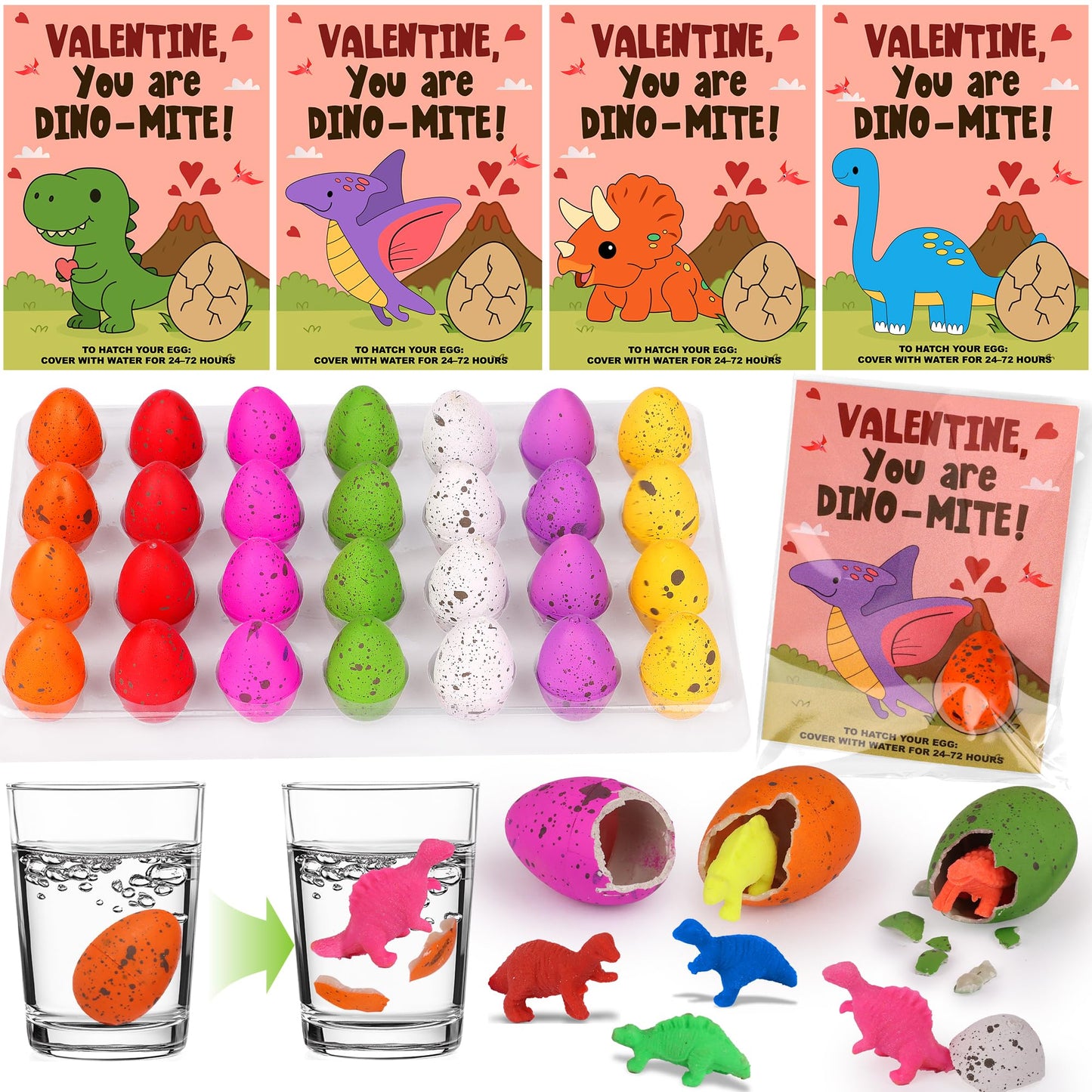 NAWITDA 28-Pack Valentines Day Cards with Dinosaur Egg Hatching Toys – Classroom Gifts for Kids