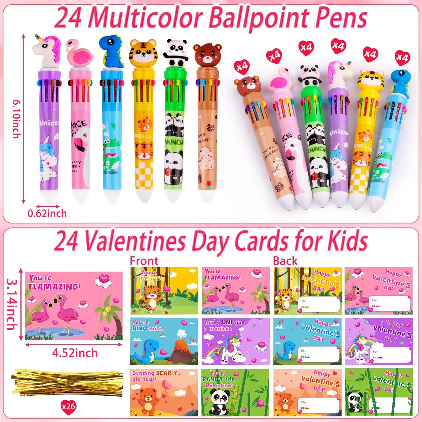 NAWITDA 24-Pack Valentines Day Gifts for Kids: 10-in-1 Multicolor Pens & Cards