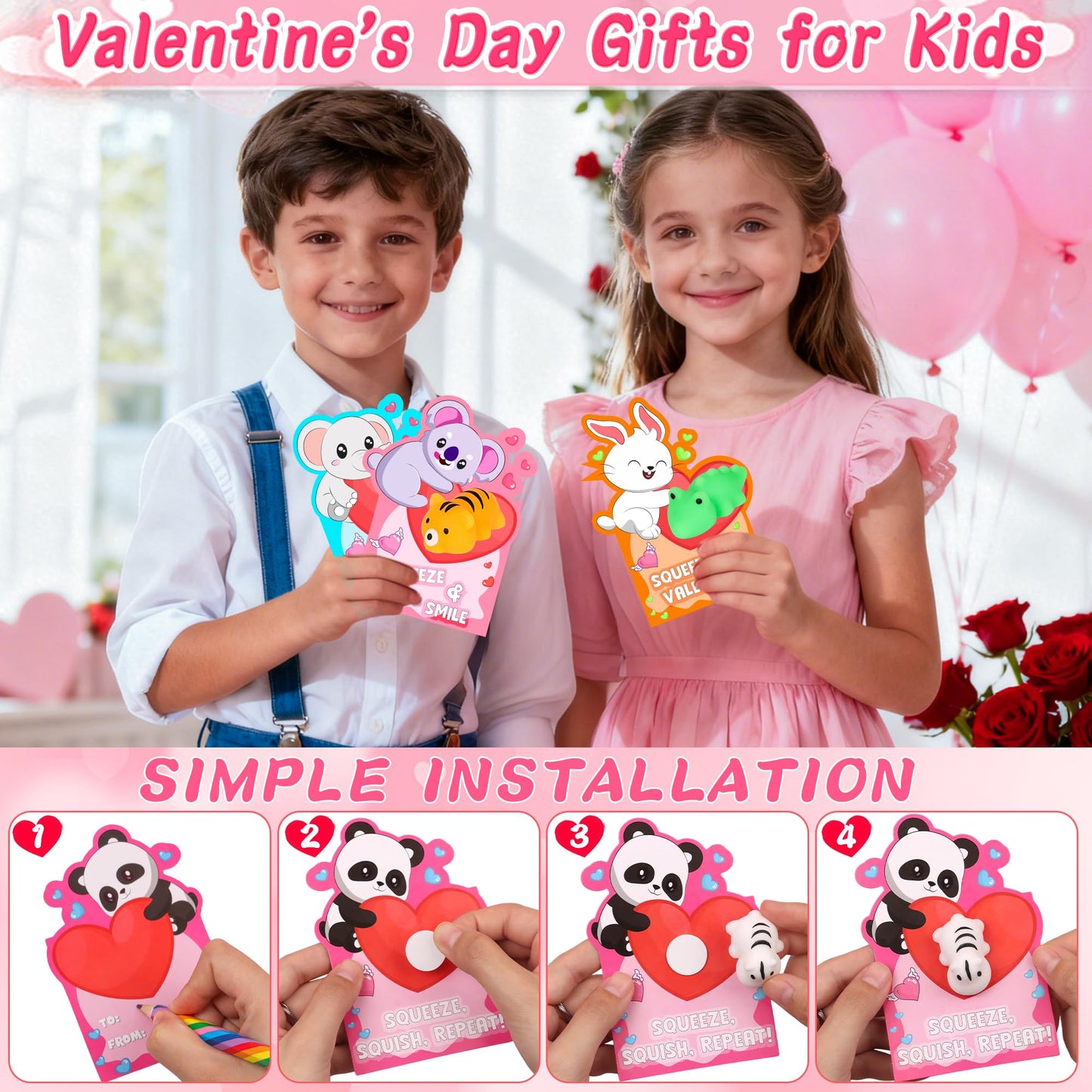 NAWITDA 28-Pack Valentines Cards for Kids | Mochi Squishy Fidget Toys & Classroom Gifts