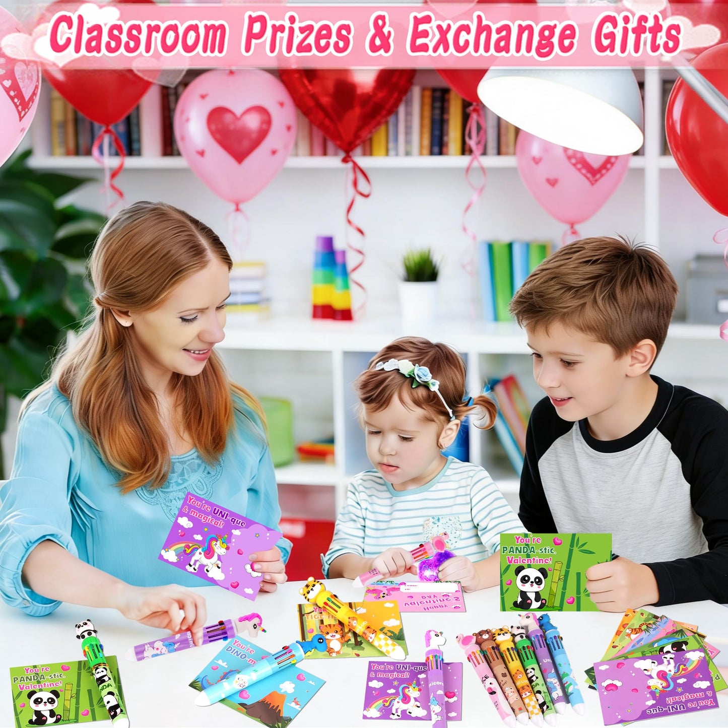 NAWITDA 24-Pack Valentines Day Gifts for Kids: 10-in-1 Multicolor Pens & Cards