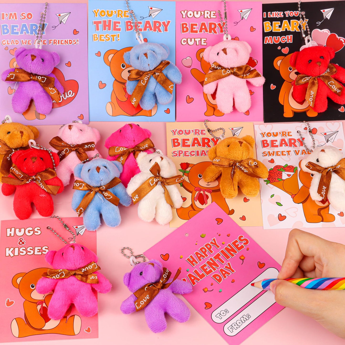 NAWITDA 28-Pack Valentines Day Gift for Kids Classroom – Plush Bear Keychains & Cards