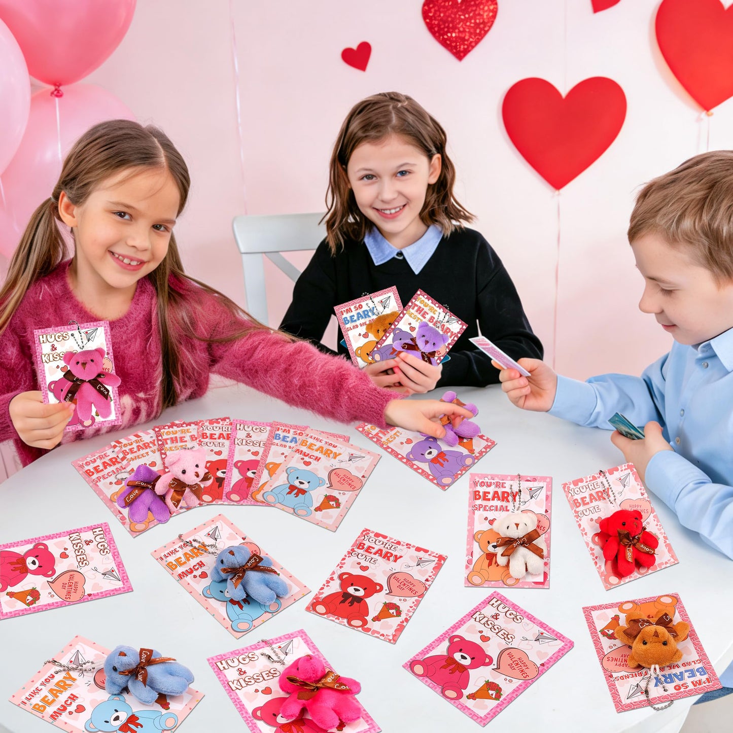NAWITDA 28 Pack Valentines Day Cards & Mini Plush Bear Keychains – Classroom Gifts & Party Favors
