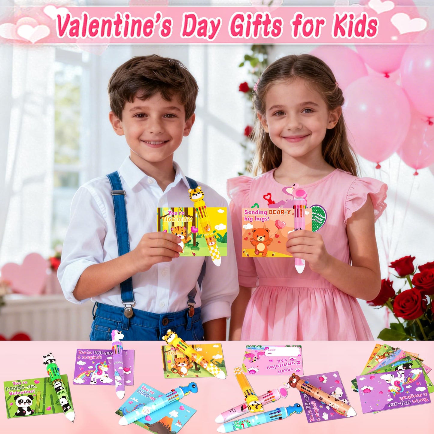 NAWITDA 24-Pack Valentines Day Gifts for Kids: 10-in-1 Multicolor Pens & Cards
