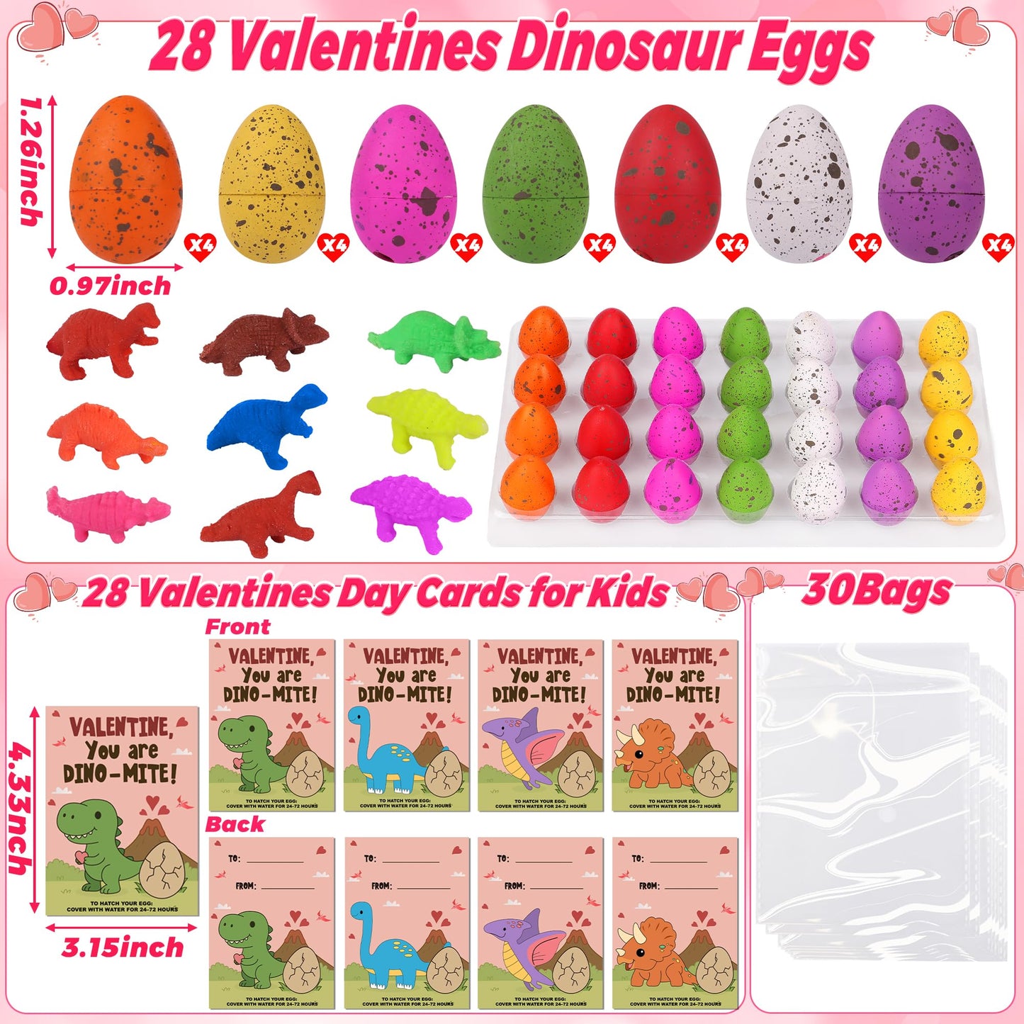 NAWITDA 28-Pack Valentines Day Cards with Dinosaur Egg Hatching Toys – Classroom Gifts for Kids