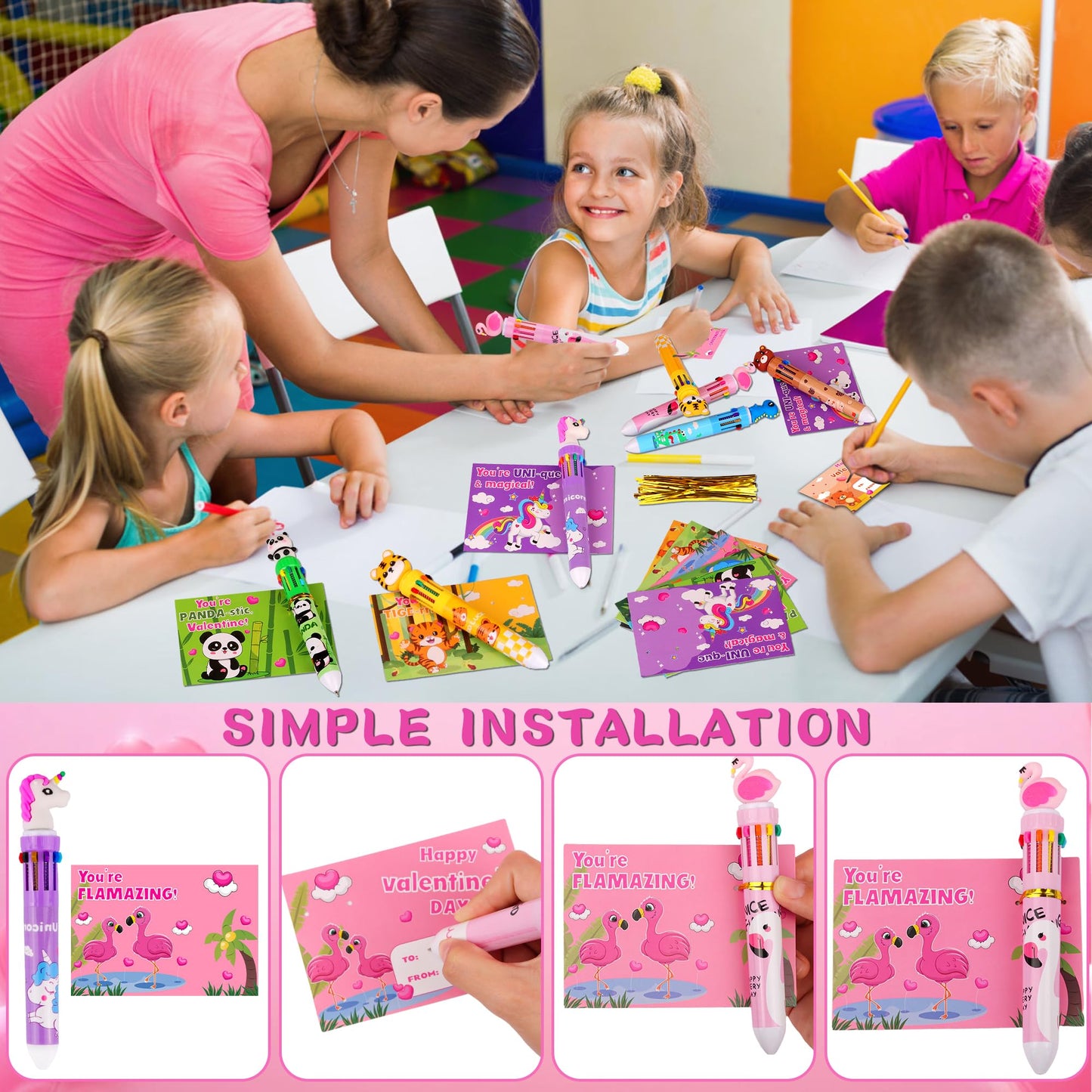 NAWITDA 24-Pack Valentines Day Gifts for Kids: 10-in-1 Multicolor Pens & Cards