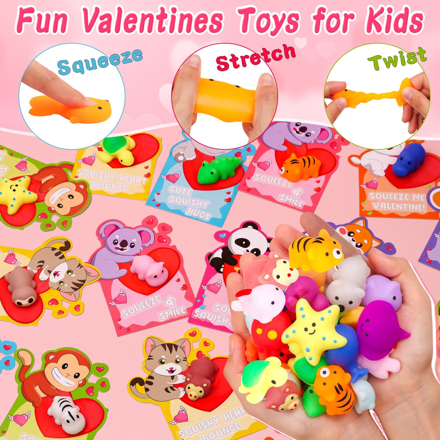 NAWITDA 28-Pack Valentines Cards for Kids | Mochi Squishy Fidget Toys & Classroom Gifts