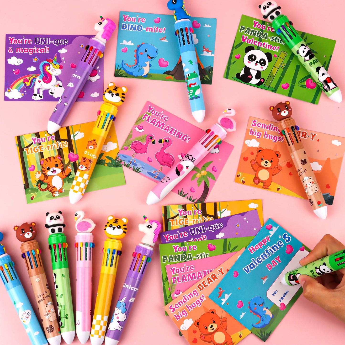 NAWITDA 24-Pack Valentines Day Gifts for Kids: 10-in-1 Multicolor Pens & Cards