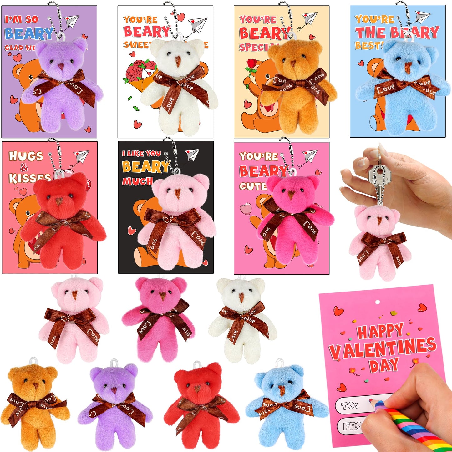 NAWITDA 28-Pack Valentines Day Gift for Kids Classroom – Plush Bear Keychains & Cards