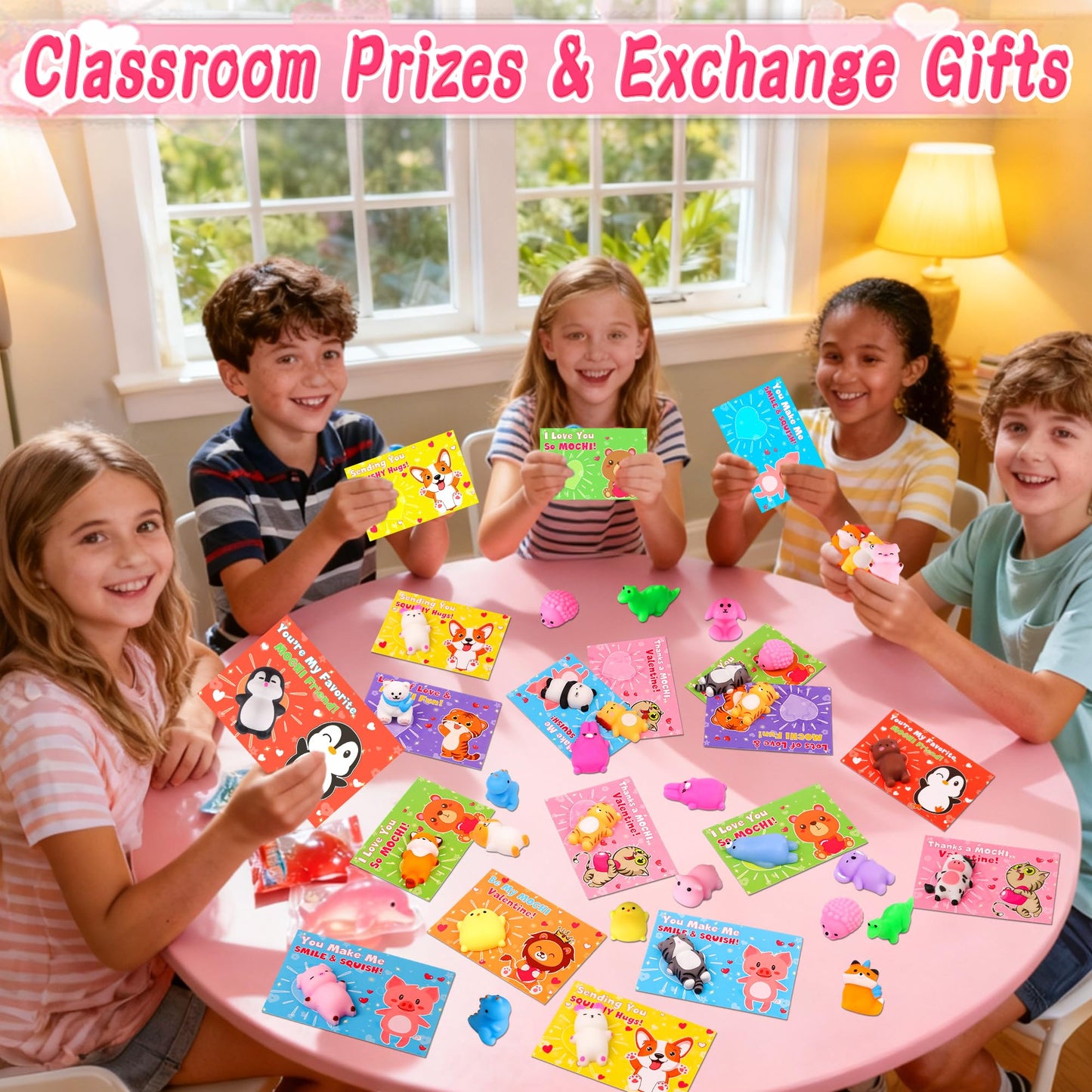 NAWITDA 28-Pack Valentine Cards for Kids | Kawaii Mochi Squishies & Classroom Gift Exchange