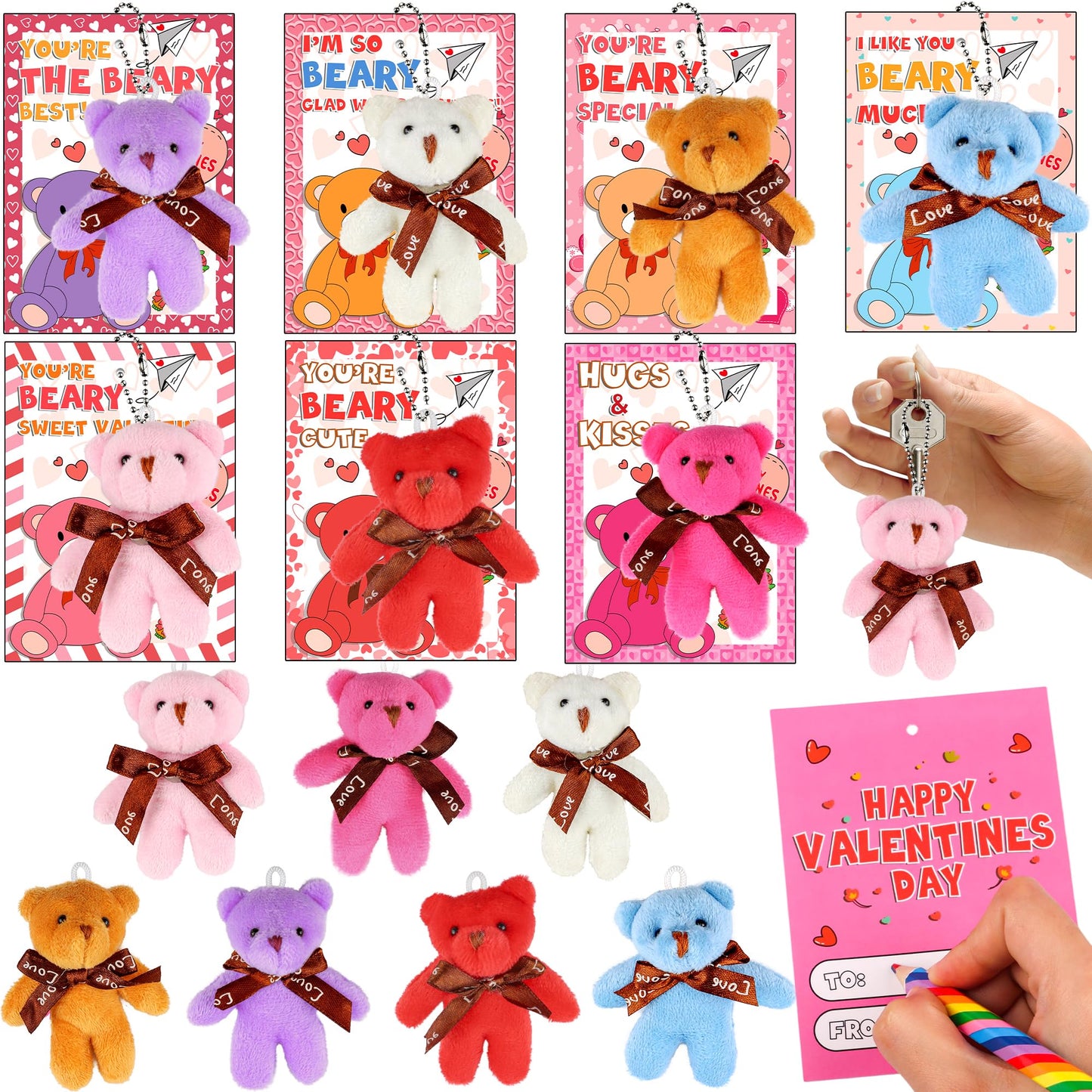 NAWITDA 28 Pack Valentines Day Cards & Mini Plush Bear Keychains – Classroom Gifts & Party Favors