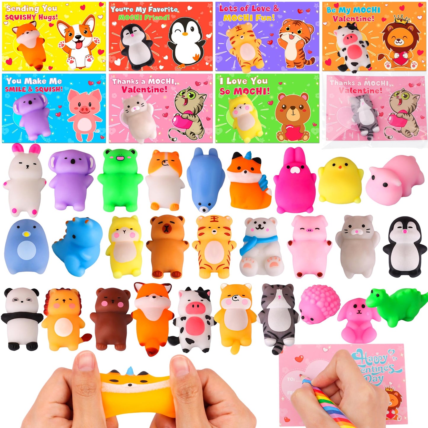 NAWITDA 28-Pack Valentine Cards for Kids | Kawaii Mochi Squishies & Classroom Gift Exchange