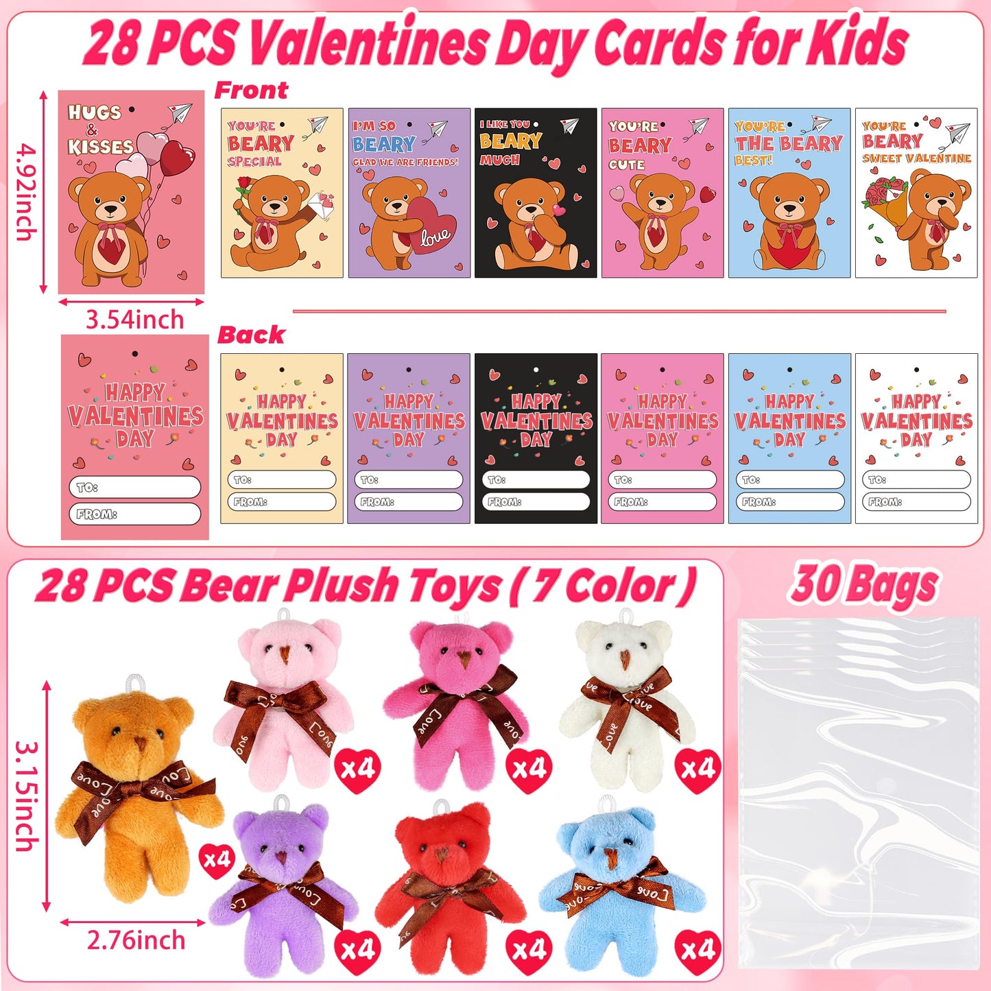 NAWITDA 28-Pack Valentines Day Gift for Kids Classroom – Plush Bear Keychains & Cards