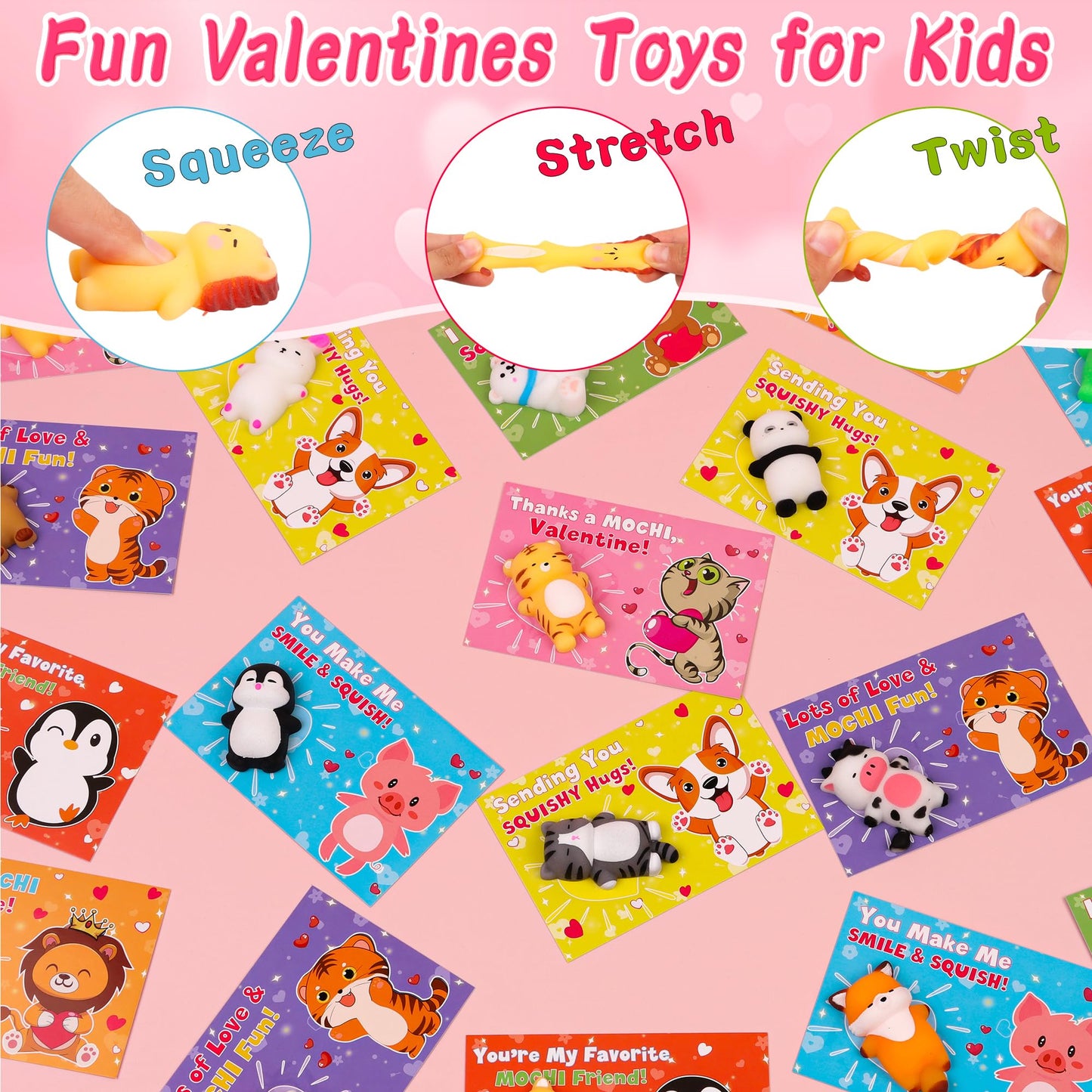 NAWITDA 28-Pack Valentine Cards for Kids | Kawaii Mochi Squishies & Classroom Gift Exchange