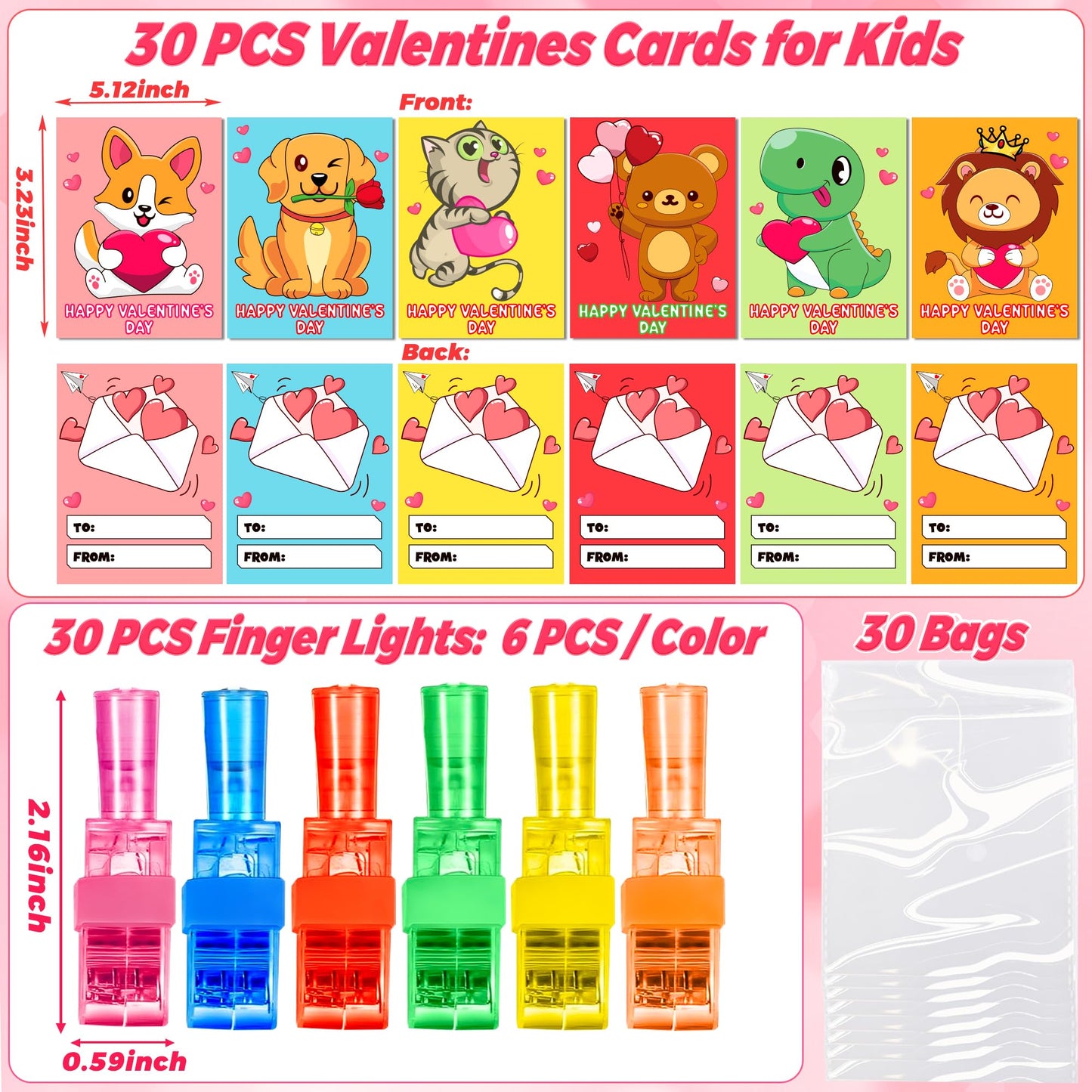 NAWITDA 30 Pack Valentines Day Classroom Gifts for Kids – LED Finger Light Cards & Light-Up Valentine Party Favors