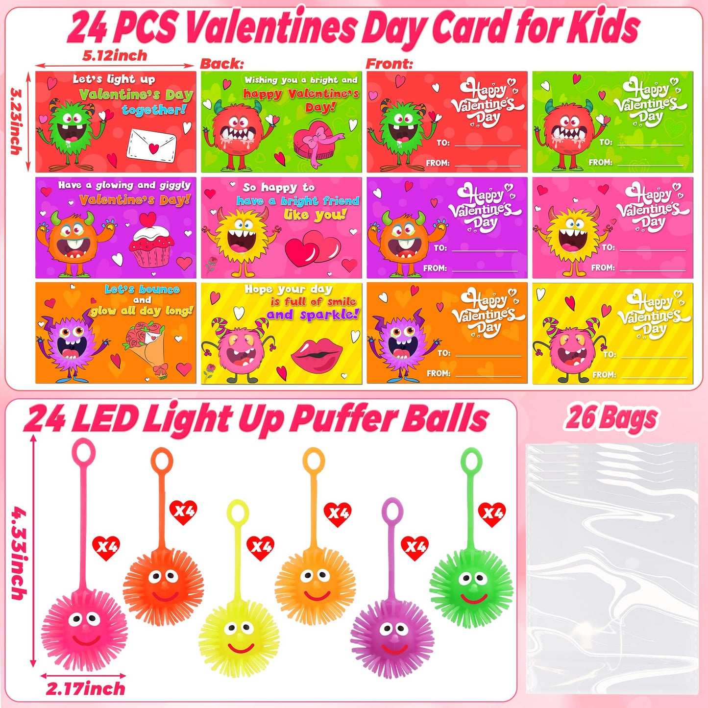 NAWITDA 24 Pack Valentines Day Cards with LED Puffer Balls – Classroom & Party Favors for Kids