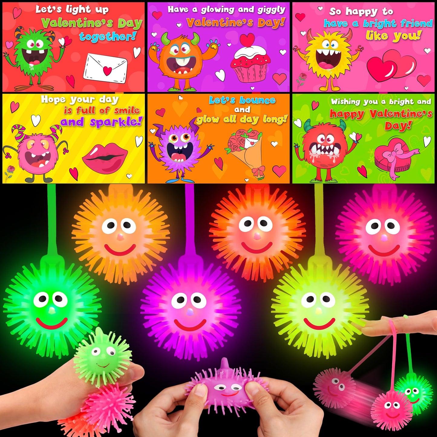 NAWITDA 24 Pack Valentines Day Cards with LED Puffer Balls – Classroom & Party Favors for Kids