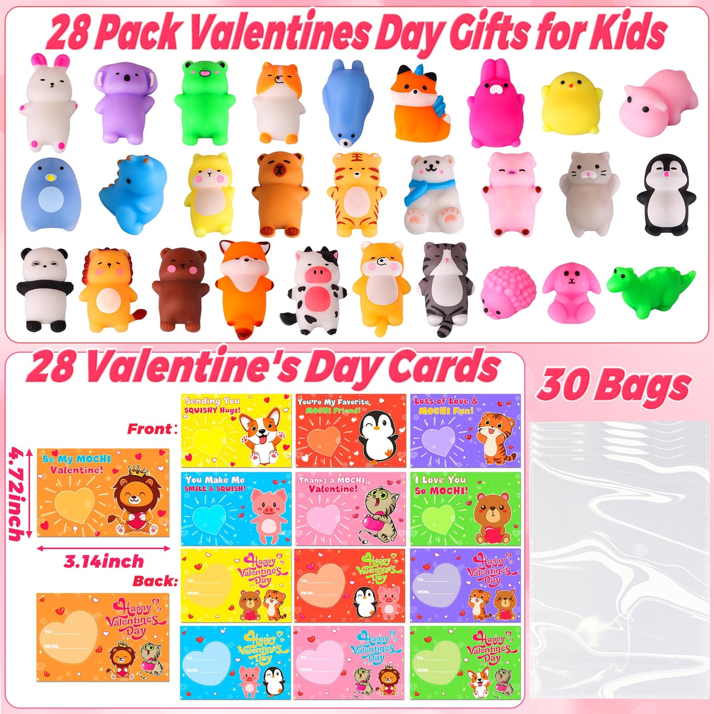 NAWITDA 28-Pack Valentine Cards for Kids | Kawaii Mochi Squishies & Classroom Gift Exchange