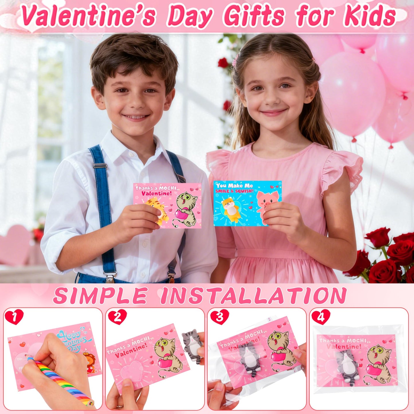 NAWITDA 28-Pack Valentine Cards for Kids | Kawaii Mochi Squishies & Classroom Gift Exchange