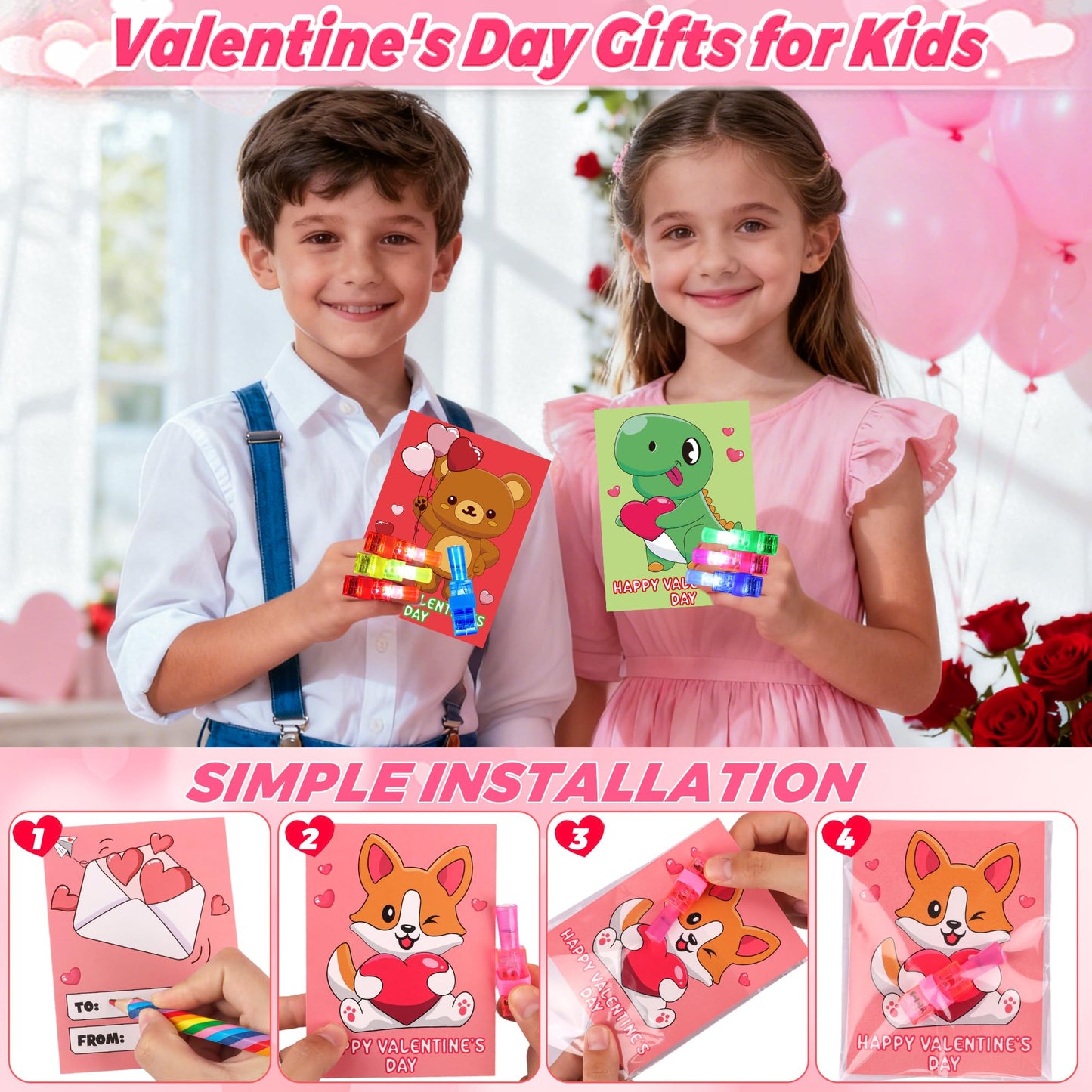 NAWITDA 30 Pack Valentines Day Classroom Gifts for Kids – LED Finger Light Cards & Light-Up Valentine Party Favors