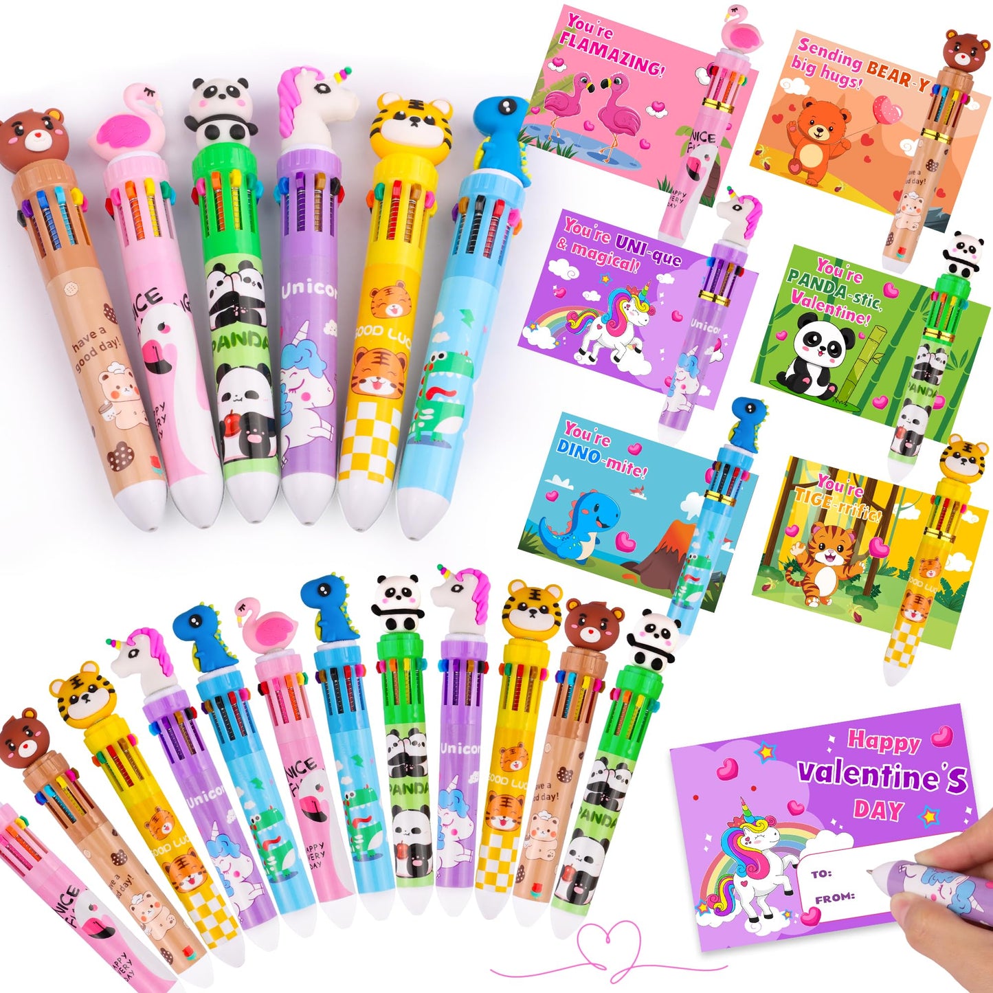 NAWITDA 24-Pack Valentines Day Gifts for Kids: 10-in-1 Multicolor Pens & Cards