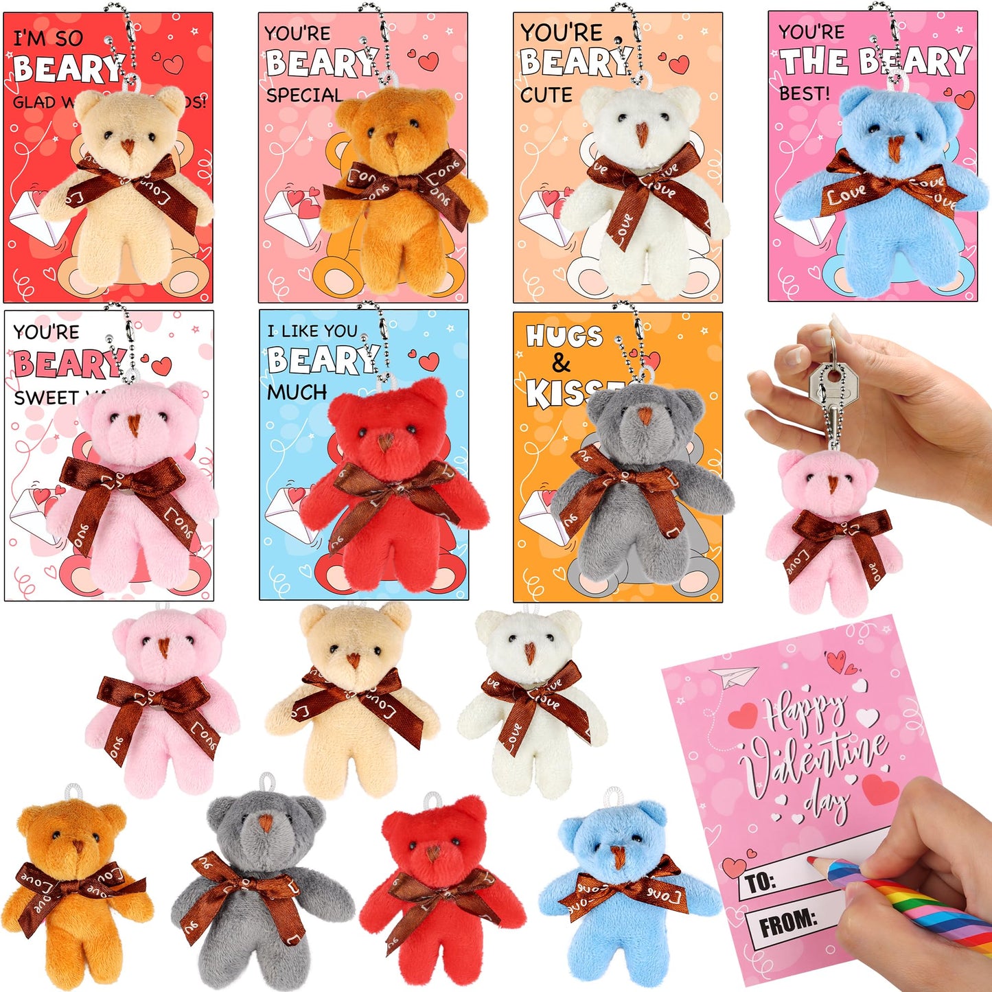 NAWITDA 28-Pack Valentines Day Cards with Mini Plush Bear Keychains – Classroom Gifts & Party Favors