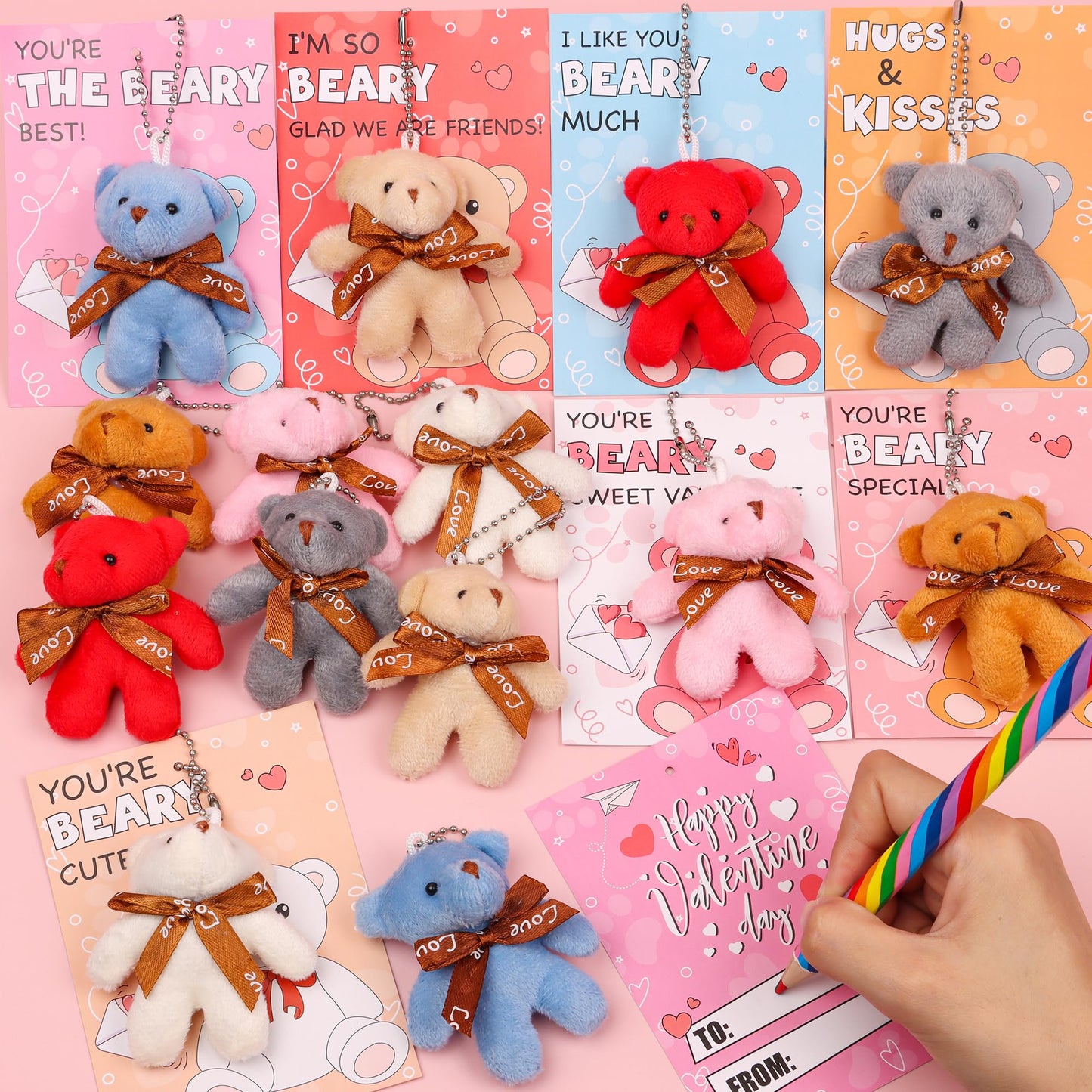 NAWITDA 28-Pack Valentines Day Cards with Mini Plush Bear Keychains – Classroom Gifts & Party Favors