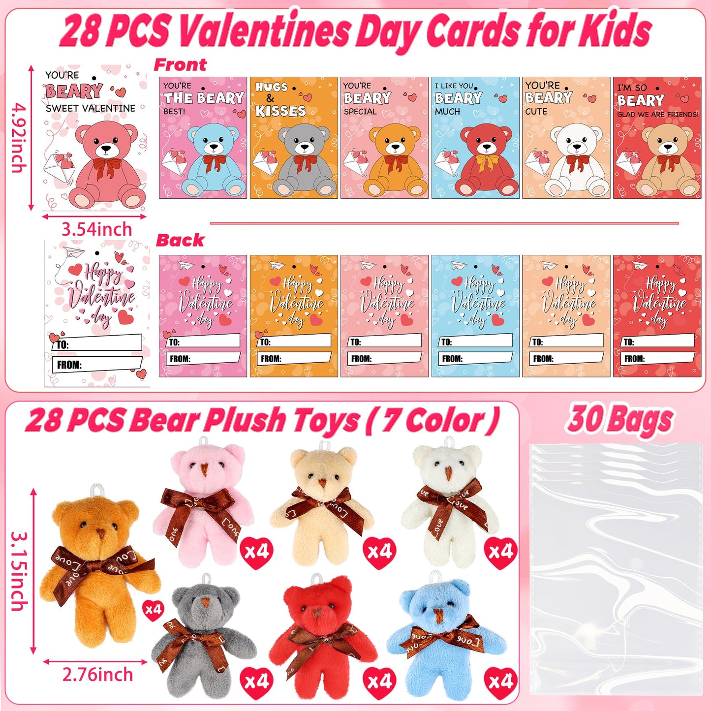 NAWITDA 28-Pack Valentines Day Cards with Mini Plush Bear Keychains – Classroom Gifts & Party Favors