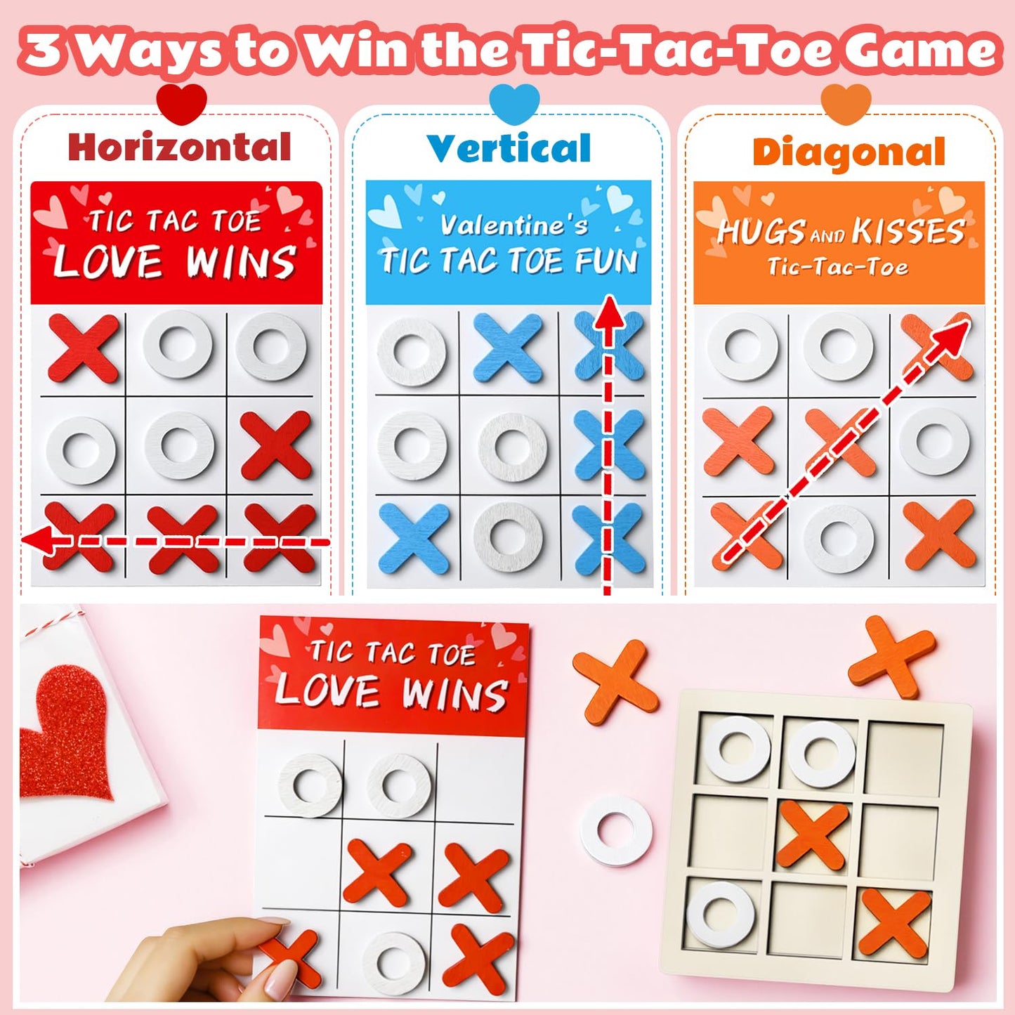 NAXYAN Valentines Day Cards for Kids – 24 Pack Classroom Gifts with Wooden Tic Tac Toe