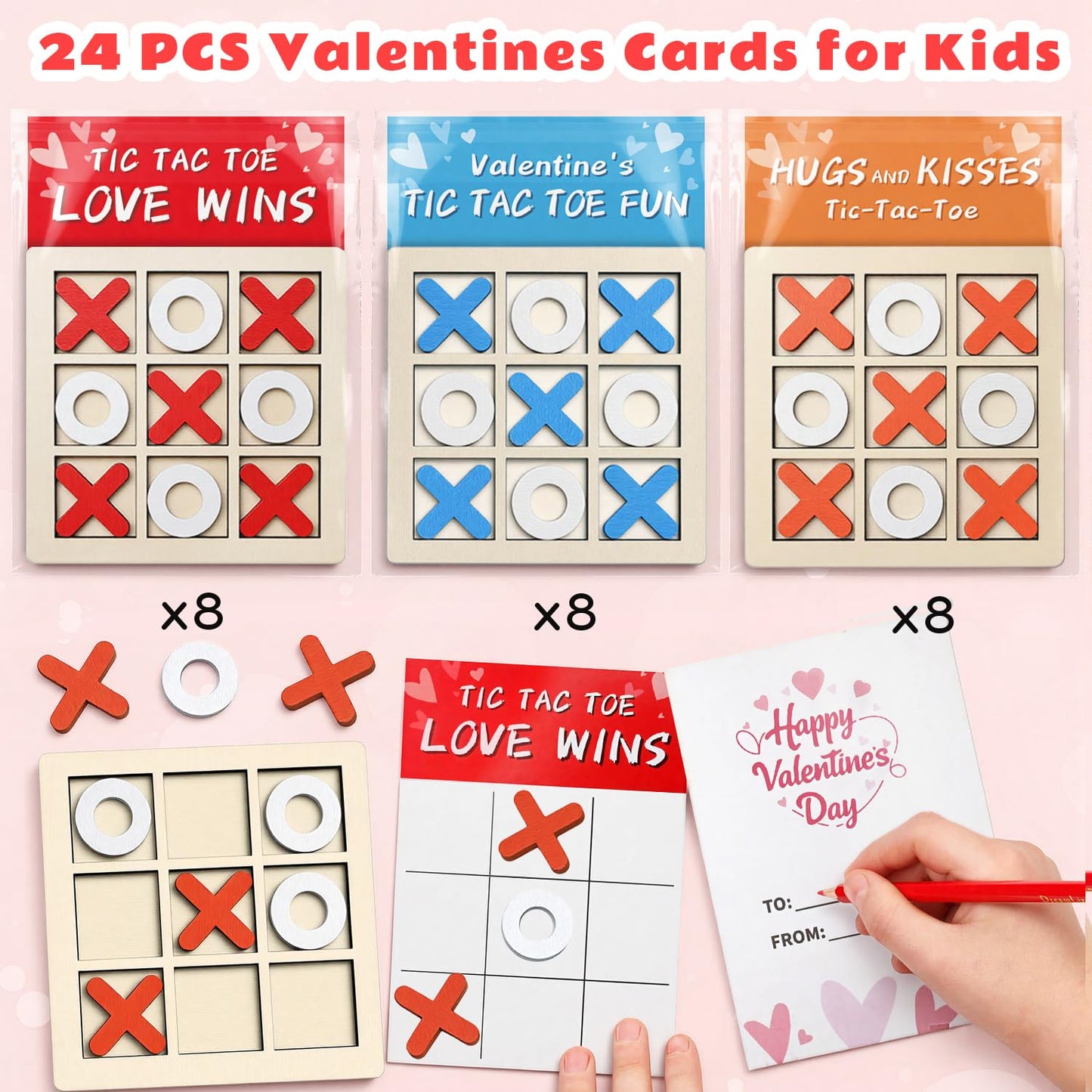 NAXYAN Valentines Day Cards for Kids – 24 Pack Classroom Gifts with Wooden Tic Tac Toe